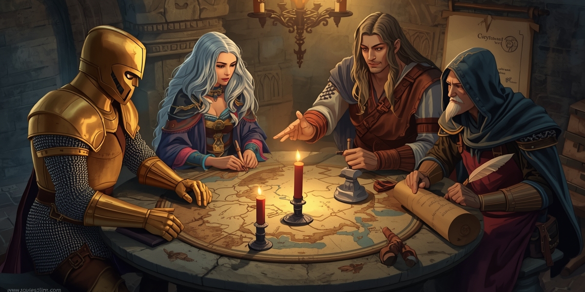 Four fantasy characters gathered around a map: a golden knight, moon goddess, forge-mistress, and scribe